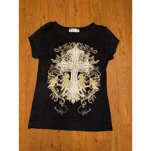 VTG Y2K punk goth cross design shirt Black Short Sleeve Sparkly Medium